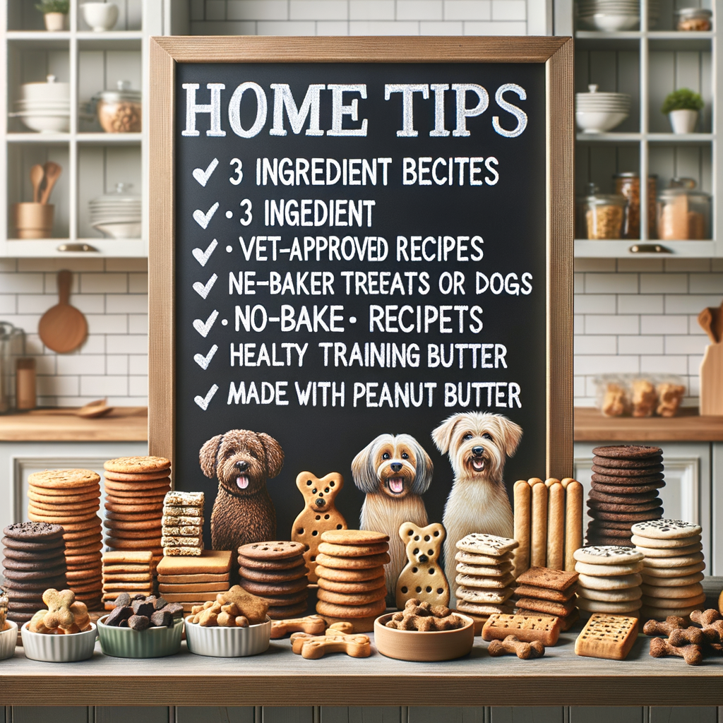 Assortment of homemade dog treats including 3 ingredient biscuits, vet-approved recipes, and healthy training treats in a clean, organized kitchen for making homemade dog treats without peanut butter, no-bake options, and with peanut butter.
