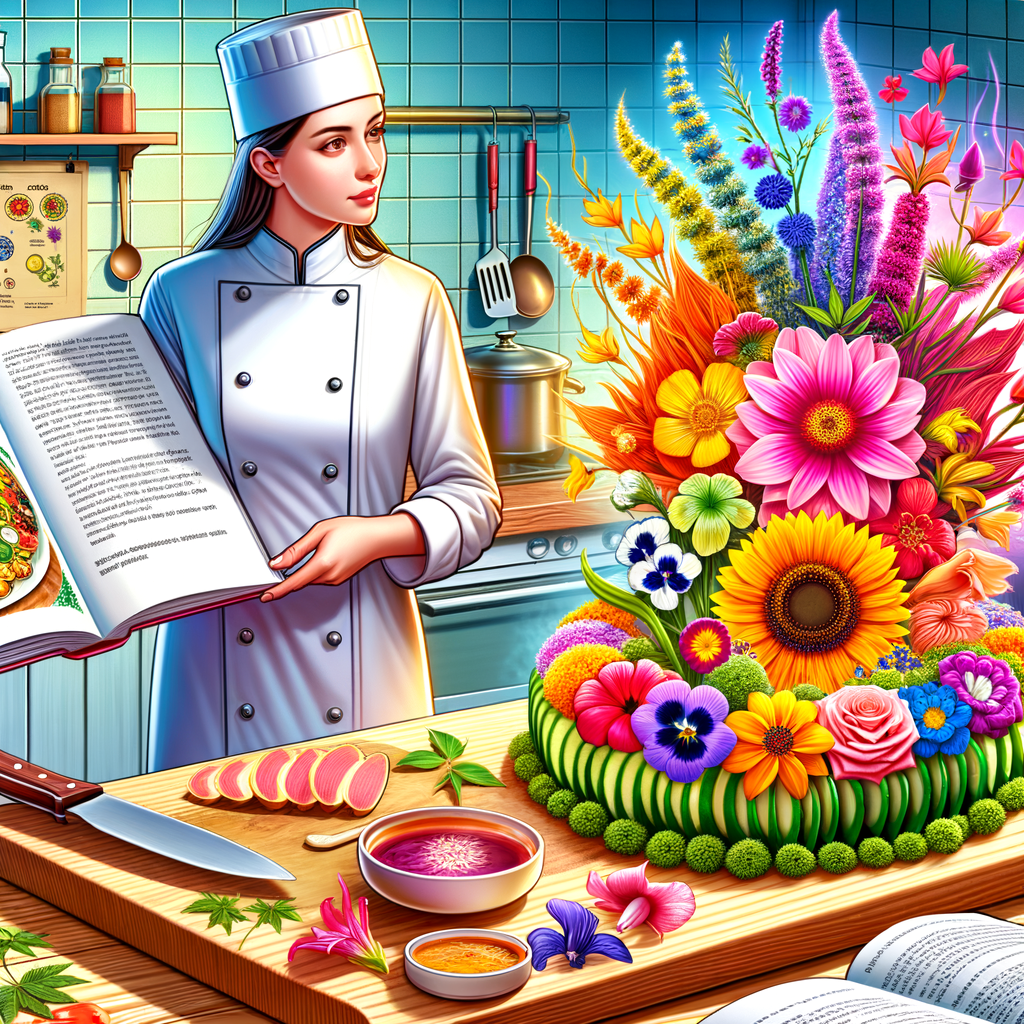 Home cook skillfully adding vibrant edible flowers to a gourmet dish for enhanced flavor and visual appeal, with an open flower recipe book and fresh flowers in the background, illustrating the beauty and floral flavor in cooking with flowers.