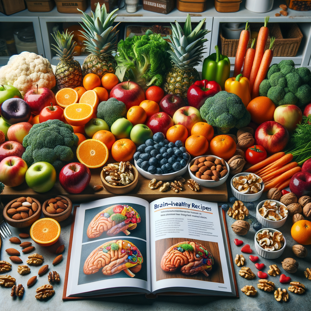 Colorful array of brain health foods including fruits, vegetables, nuts, and fish, with a 'Brain-Healthy Recipes' book, showcasing the best diet for brain health and memory boosting foods for mental clarity.
