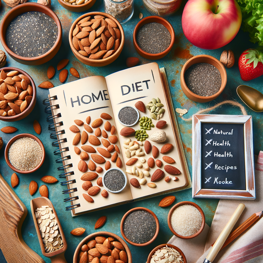 Variety of healthy nuts and seeds including almonds and chia seeds on a kitchen counter, showcasing the health benefits of nuts, nutritional value of seeds, and healthy home diet tips with a recipe book and natural health remedies chalkboard.