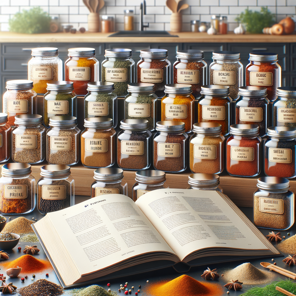 DIY international spice blends in glass jars labeled with country of origin, surrounded by various spices and a recipe book for making homemade global spice mixes at home.