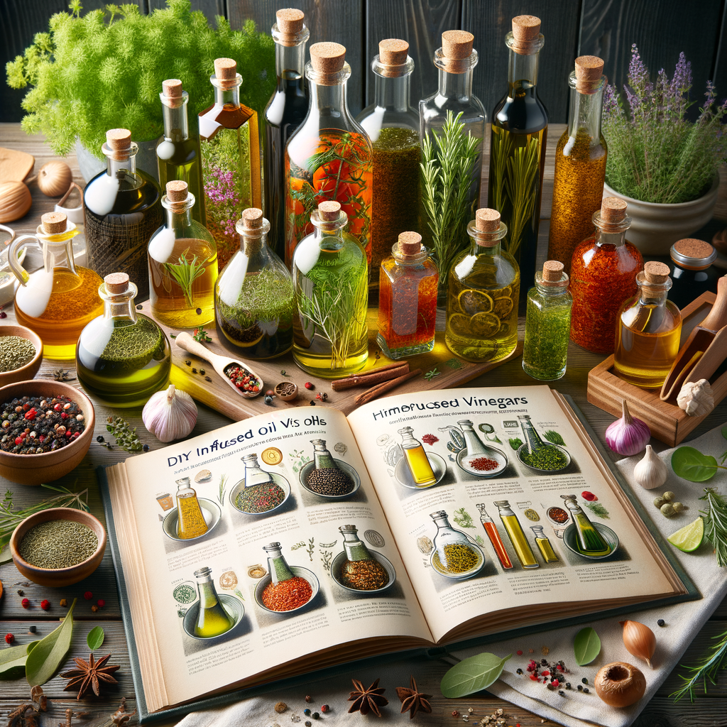 DIY infused oils and homemade infused vinegars in a professional kitchen setup with a guide to infusing oils, vinegar infusion techniques, and an open recipe book for homemade flavored vinegars and DIY flavored oils.