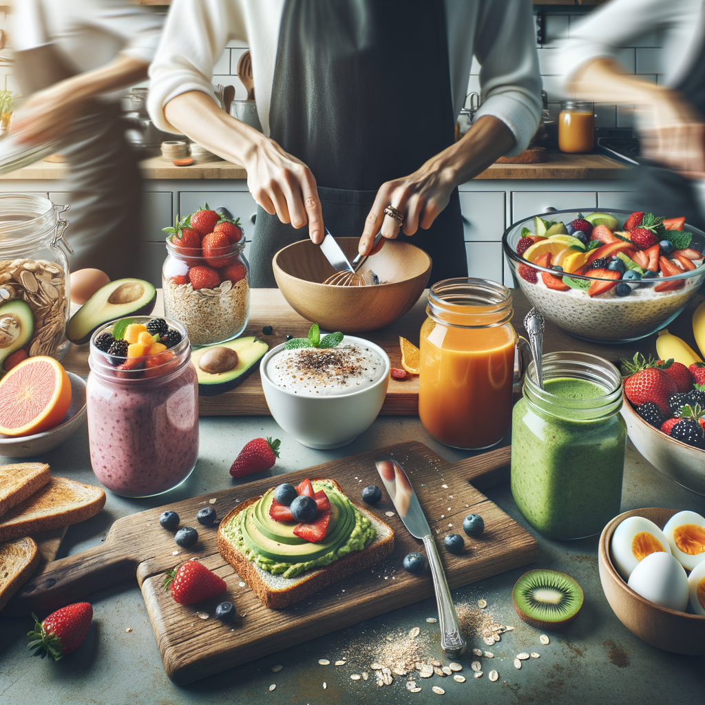 Variety of quick, nutritious breakfast options including smoothie bowls, avocado toast, and boiled eggs on a busy kitchen countertop, showcasing easy and healthy morning meals for busy people.