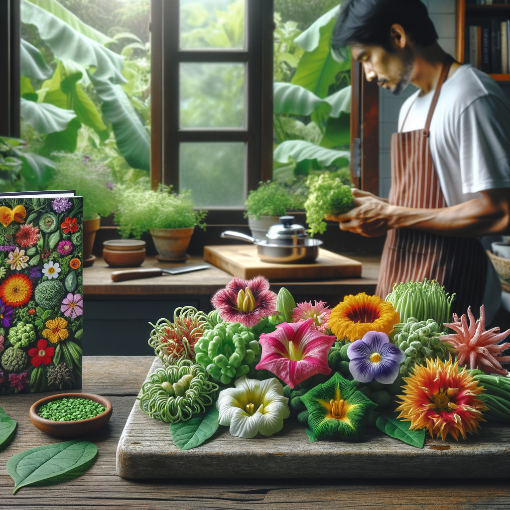 Home cook preparing a recipe with unusual edible flowers on a rustic cutting board, with a guidebook on types of edible flowers and their benefits, and a lush edible flower garden visible through a window.