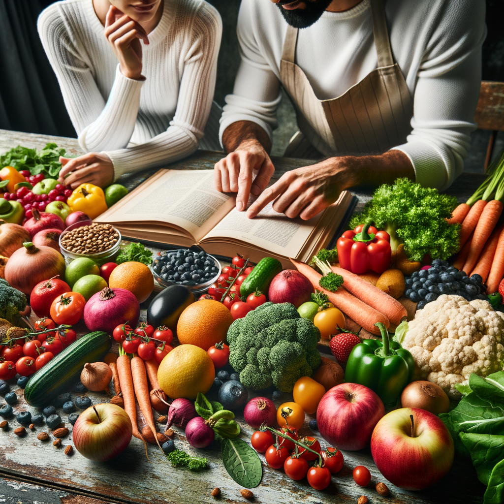 Couple preparing a flavorful seasonal dish using a recipe book, highlighting the benefits of seasonal eating, maximizing flavor in food, and showcasing the nutritional value of fresh, colorful seasonal fruits and vegetables on a rustic table.