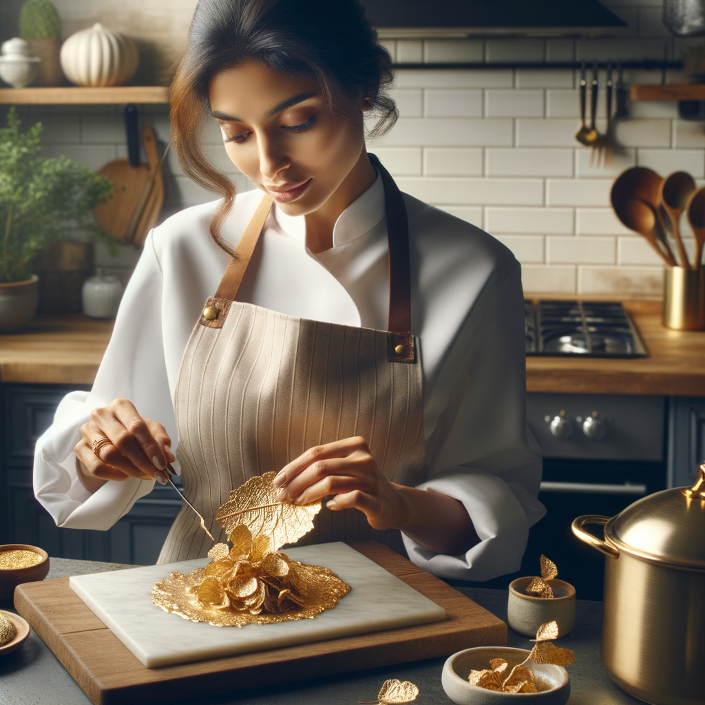 Professional home chef applying gold leaf in luxury dishes for high-end home cooking, demonstrating culinary gold uses in edible gold recipes and gourmet cooking at home.