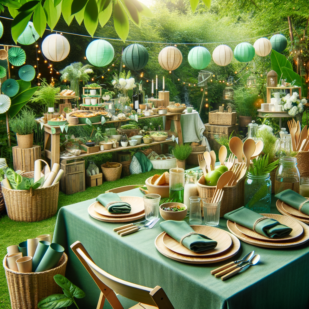 Eco-friendly dinner party in a garden setting showcasing sustainable hosting tips, green dinner party ideas, sustainable dinnerware, eco-friendly food ideas, and sustainable party decorations for hosting sustainable events and reducing waste in parties.