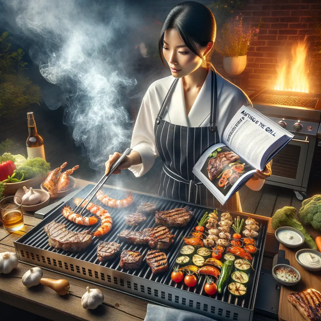 Professional chef demonstrating grilling techniques on a BBQ grill with steaks, vegetables, and seafood, alongside 'Mastering the Grill' guidebook for best grilling recipes and home grilling tips.