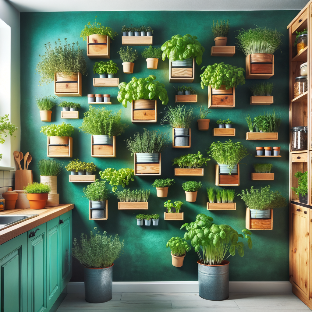DIY vertical herb garden design in a bright kitchen, showcasing indoor vertical gardening ideas and kitchen garden tips for growing herbs indoors, perfect for home gardening enthusiasts.