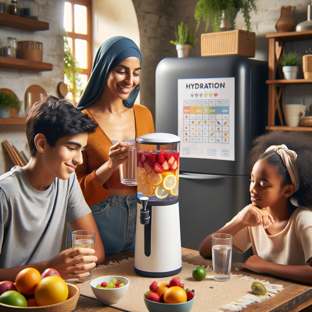 Family enjoying fun hydration methods at home, highlighting the importance of hydration for health and wellness with creative ideas like fruit-infused water, stylish water dispenser, and hydration tracking chart.
