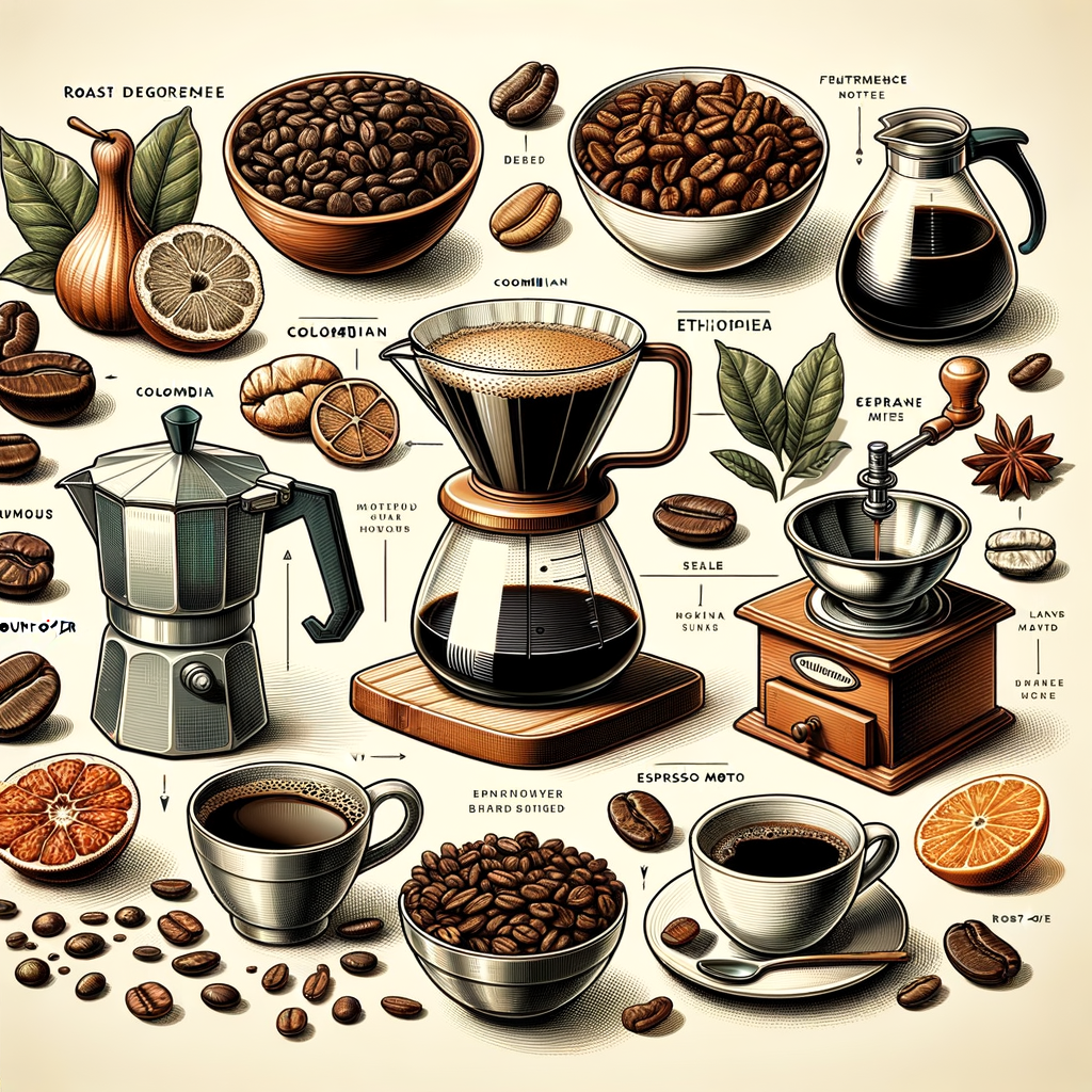 Infographic illustrating various types of coffee beans from different origins, home coffee brewing techniques, and tips for coffee bean selection for an enriching coffee world exploration.