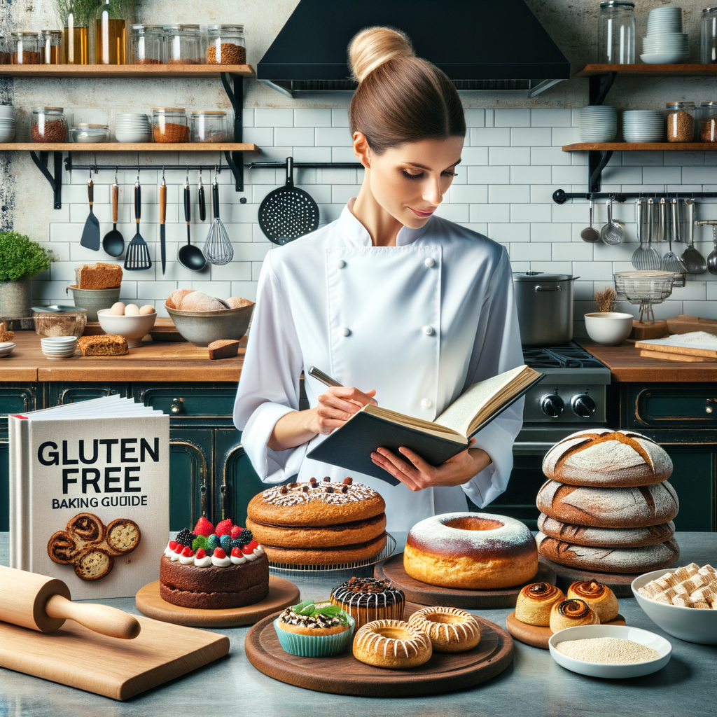 Chef demonstrating gluten-free baking techniques in a professional kitchen with a variety of healthy gluten-free bread and dessert recipes, perfect for those on a gluten-free diet.