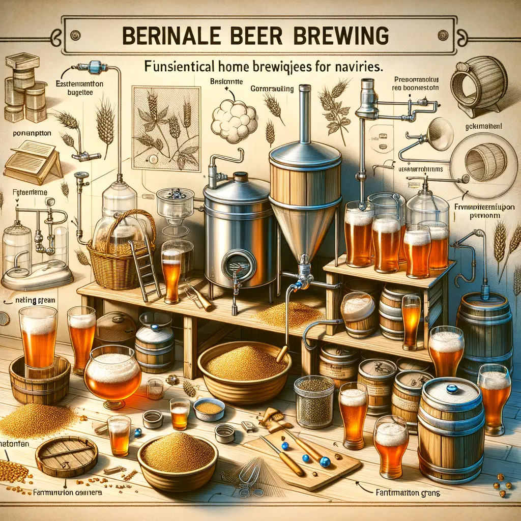 Beginner's DIY beer brewing kit with essential equipment and ingredients, illustrating basic home brewing techniques for a step-by-step home brewing beer guide, perfect for beginners learning to brew beer at home.