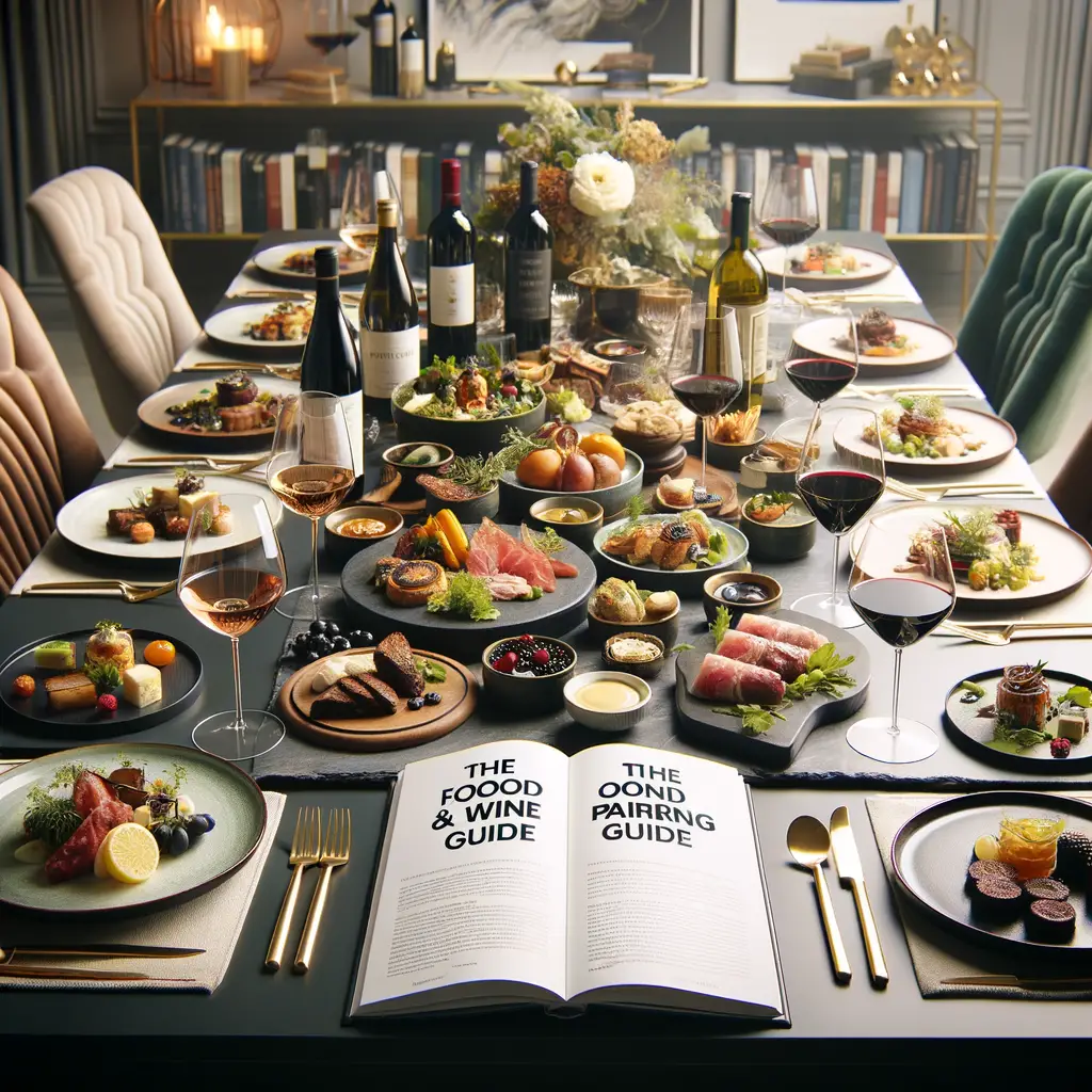 Elegant dining table setup featuring a range of gourmet dishes and fine wines, with 'The Ultimate Food and Wine Pairing Guide' book, illustrating the best wine for dinner, wine pairing tips, and the art of food and wine matching for home wine pairing tips.