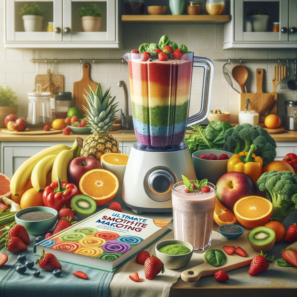 Fresh fruits, vegetables, and smoothie ingredients on a kitchen countertop with a blender, 'Ultimate Smoothie Making' recipe book, and a glass of homemade smoothie for easy home smoothie recipes and DIY smoothies preparation tips.