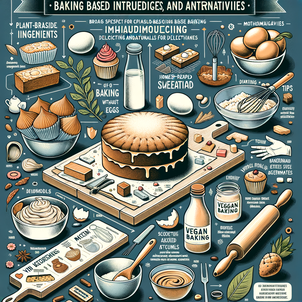 Infographic illustrating vegan baking guide, techniques, and substitutions including dairy-free and egg-free baking tips, vegan dessert recipes, and homemade vegan desserts for healthy, vegan-friendly baking.