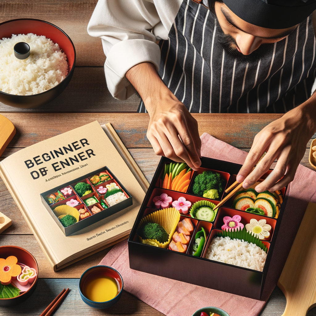 Beginner's hands arranging traditional Japanese Bento box ingredients with a guidebook and tips on Bento making, showcasing the art of Japanese food and Bento box recipes for beginners.
