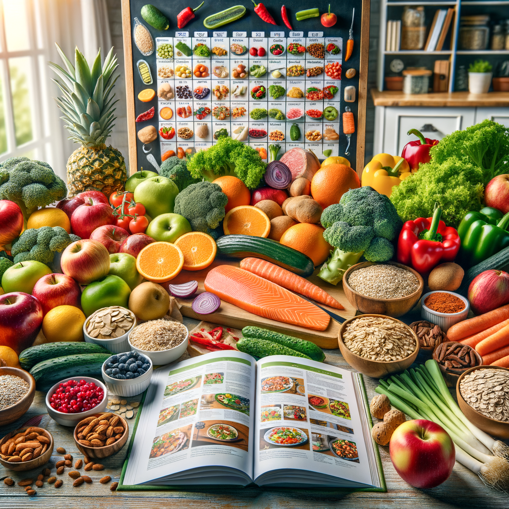Healthy meal planning and meal prep strategies featuring fresh fruits, vegetables, lean proteins, whole grains, a cookbook of healthy recipes, and a nutrition planning chart for a healthy lifestyle.