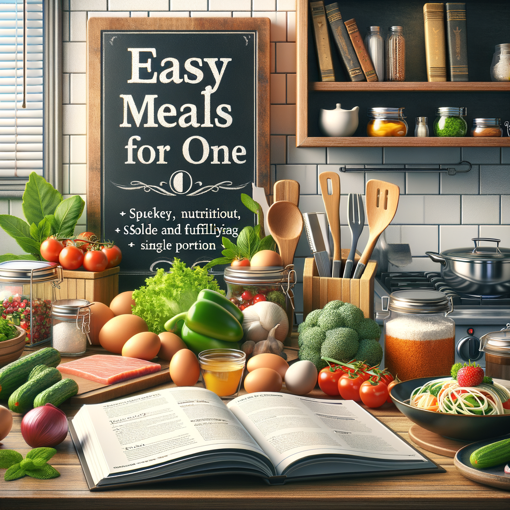 Single serving recipes and easy meals for one displayed in a professional kitchen setup, featuring solo cooking ideas on a chalkboard, a cookbook, and a plate of a quick, healthy, satisfying meal for one.