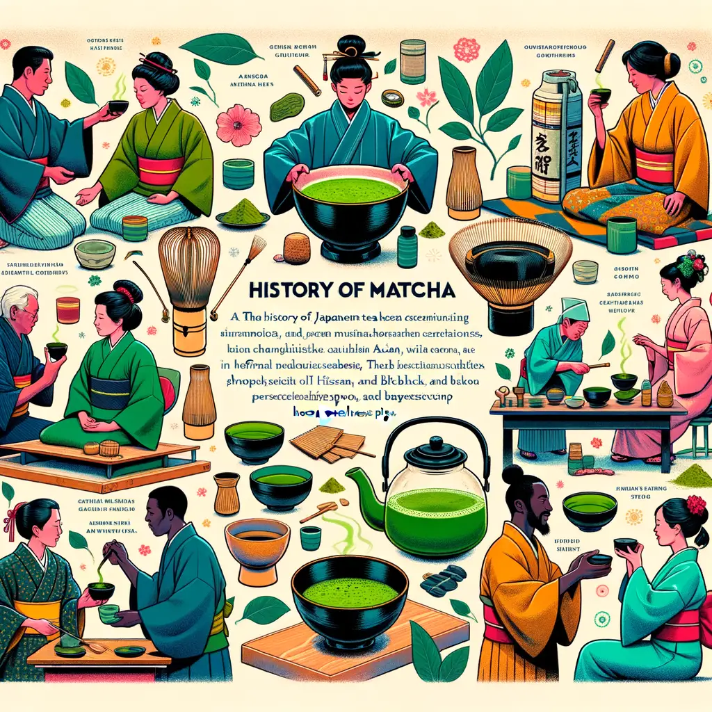 Vibrant illustration detailing the Japanese Matcha history and traditional tea ceremonies, highlighting the numerous health benefits of drinking Matcha tea.