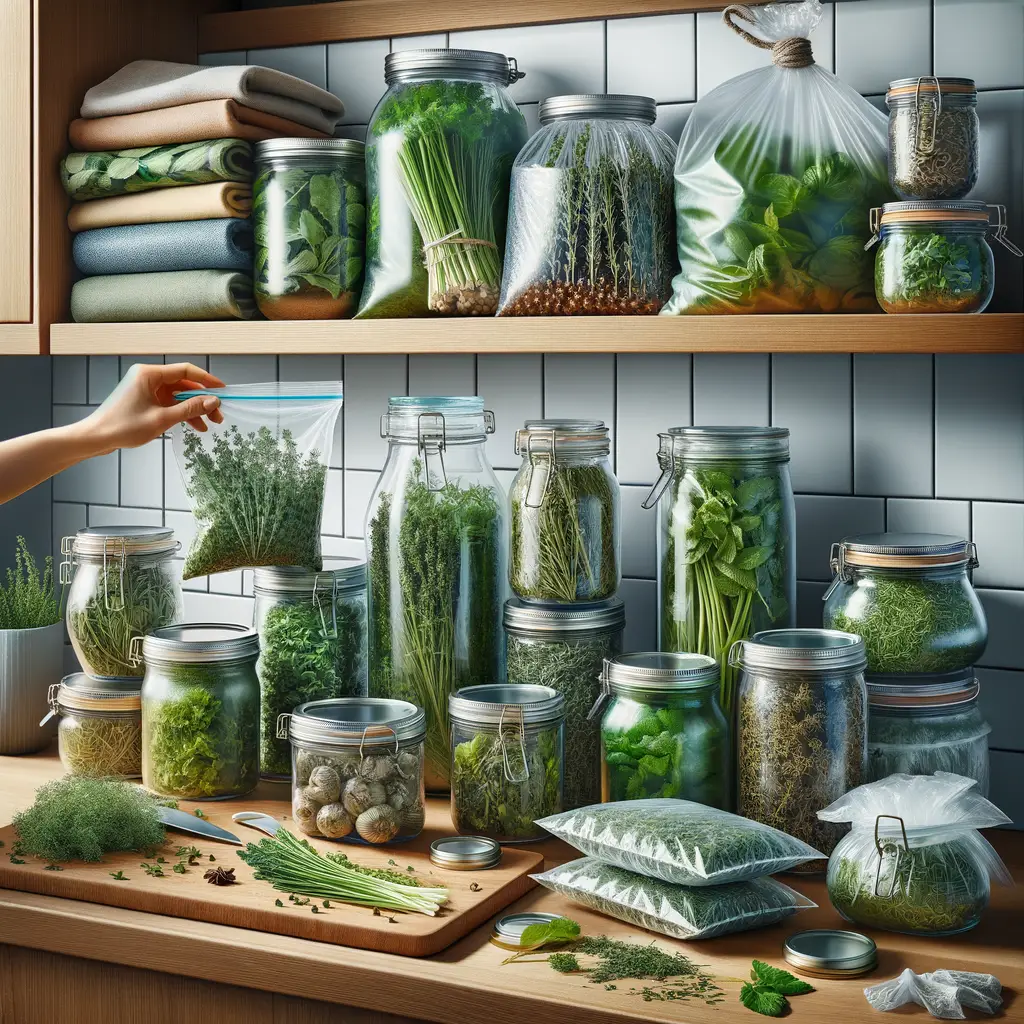 Ultimate guide to herb storage showcasing fresh herb preservation techniques for longevity, including storing fresh herbs in glass jars, paper towel wraps, and freezer bags for prolonging herb freshness.