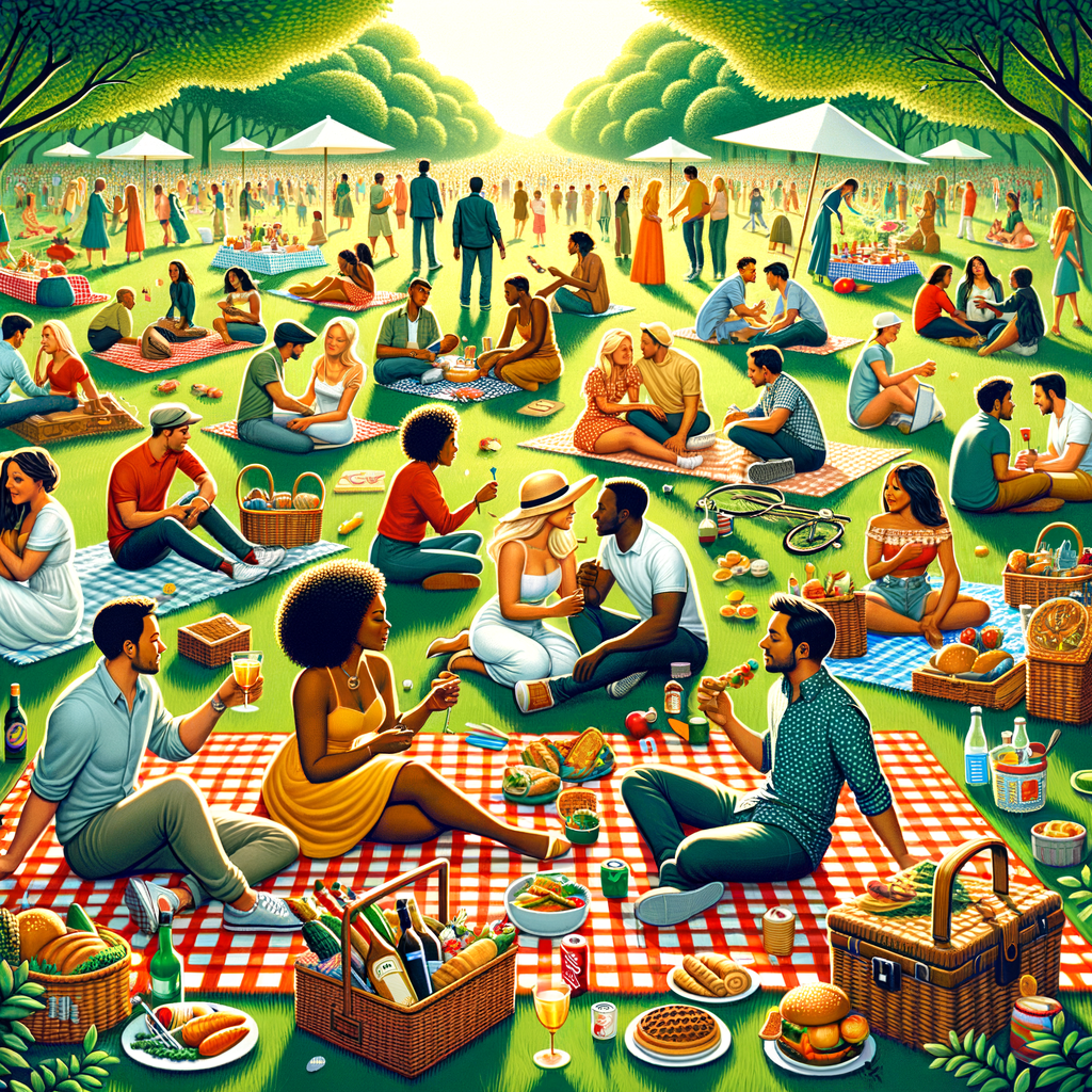Diverse group of people enjoying a well-planned picnic in a lush park, showcasing a picnic preparation list, picnic food ideas on a checkered blanket, and picnic essentials for a perfect picnic date or picnic for two, embodying the joy of planning a picnic menu and tips for the perfect picnic.