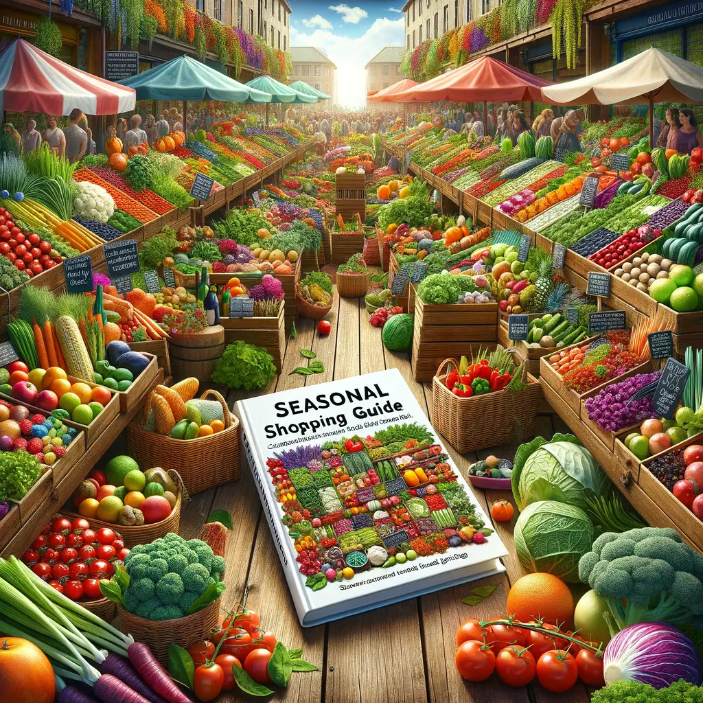 Local produce benefits displayed at a farmer's market, with a 'Seasonal Shopping Guide' highlighting the advantages of seasonal shopping and the benefits of eating local food
