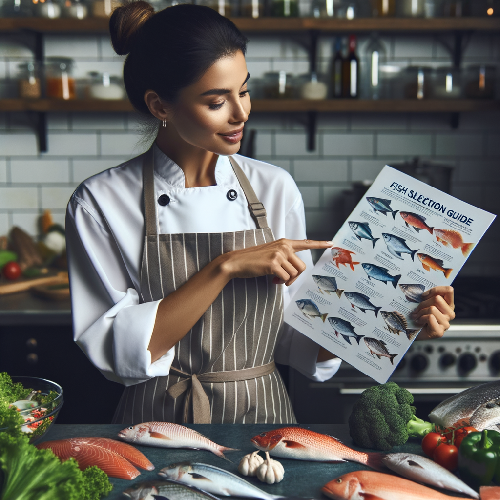 Professional chef using a Fish Selection Guide to choose the best high-quality fish from healthy seafood choices for cooking, highlighting the health benefits and nutritional value of including fish in a healthy diet.
