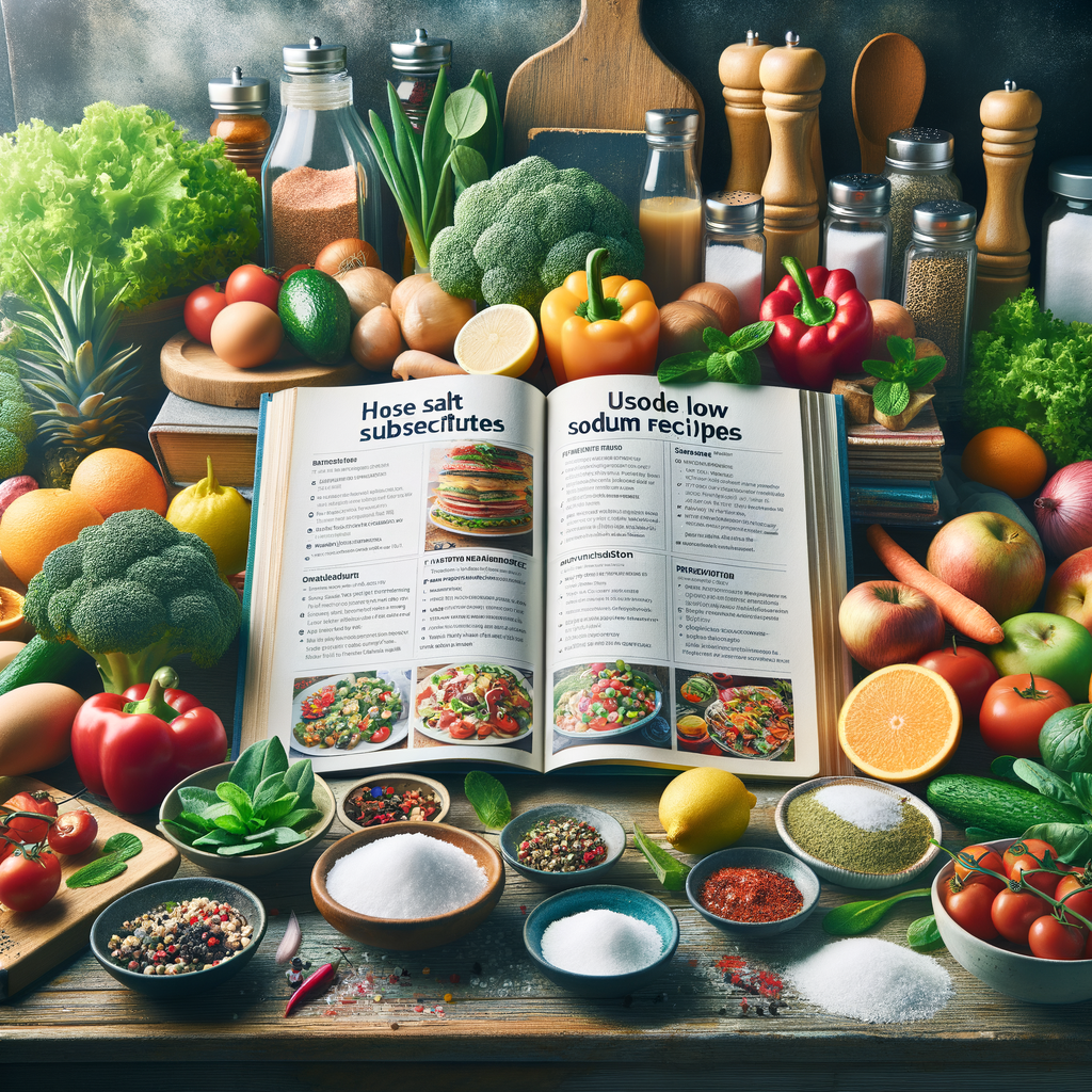Colorful assortment of fresh fruits, vegetables, herbs, and spices on a kitchen counter, promoting reducing salt intake and a low sodium diet, with low salt recipes and cookbooks, emphasizing healthy eating, salt alternatives, and maintaining flavor without salt through home cooking tips and sodium reduction strategies.
