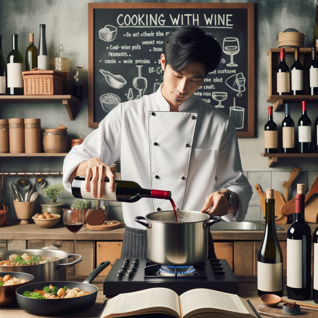 Professional chef demonstrating how to use wine in cooking, pouring red wine into a simmering pot of gourmet food in a home kitchen, surrounded by wine recipes and wine cooking tips.