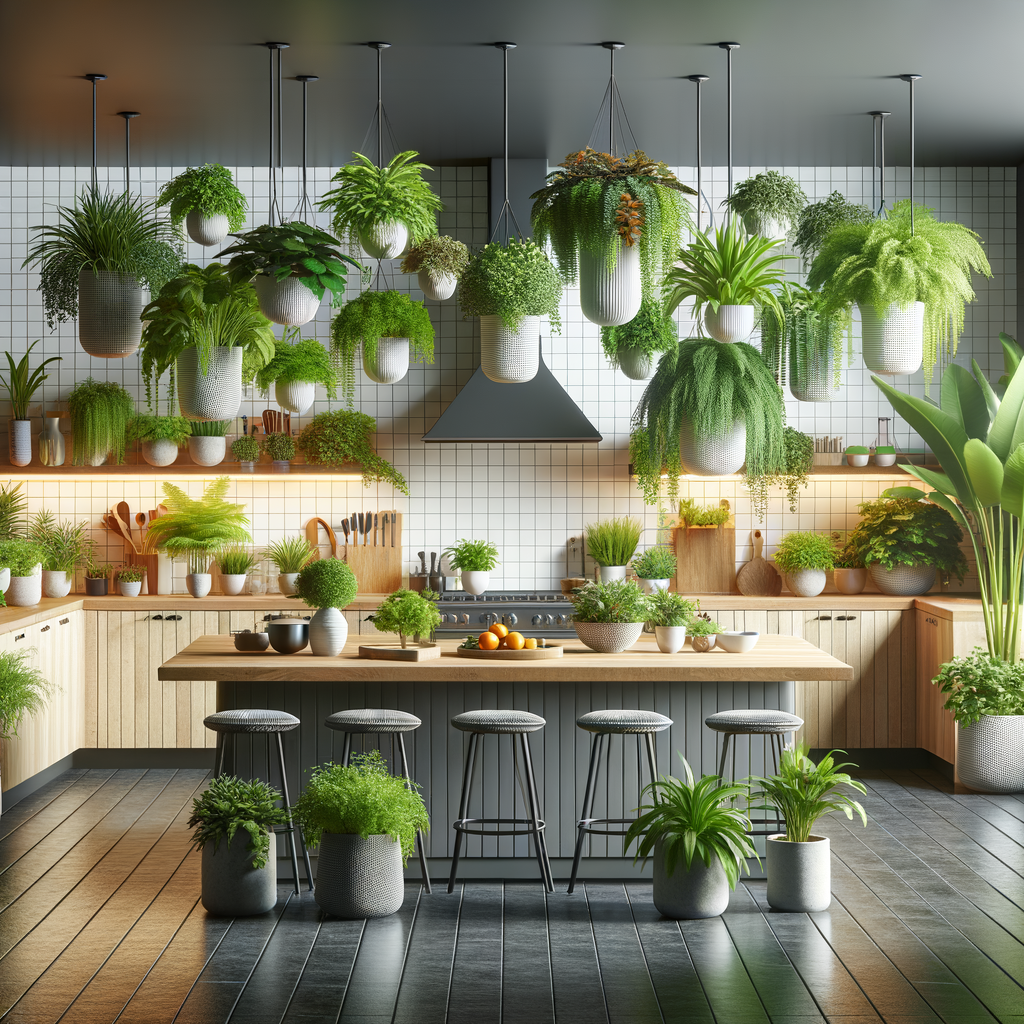 Assortment of the best indoor kitchen plants, including low maintenance varieties, enhancing modern kitchen decor, demonstrating indoor gardening benefits and home decor ideas with plants.