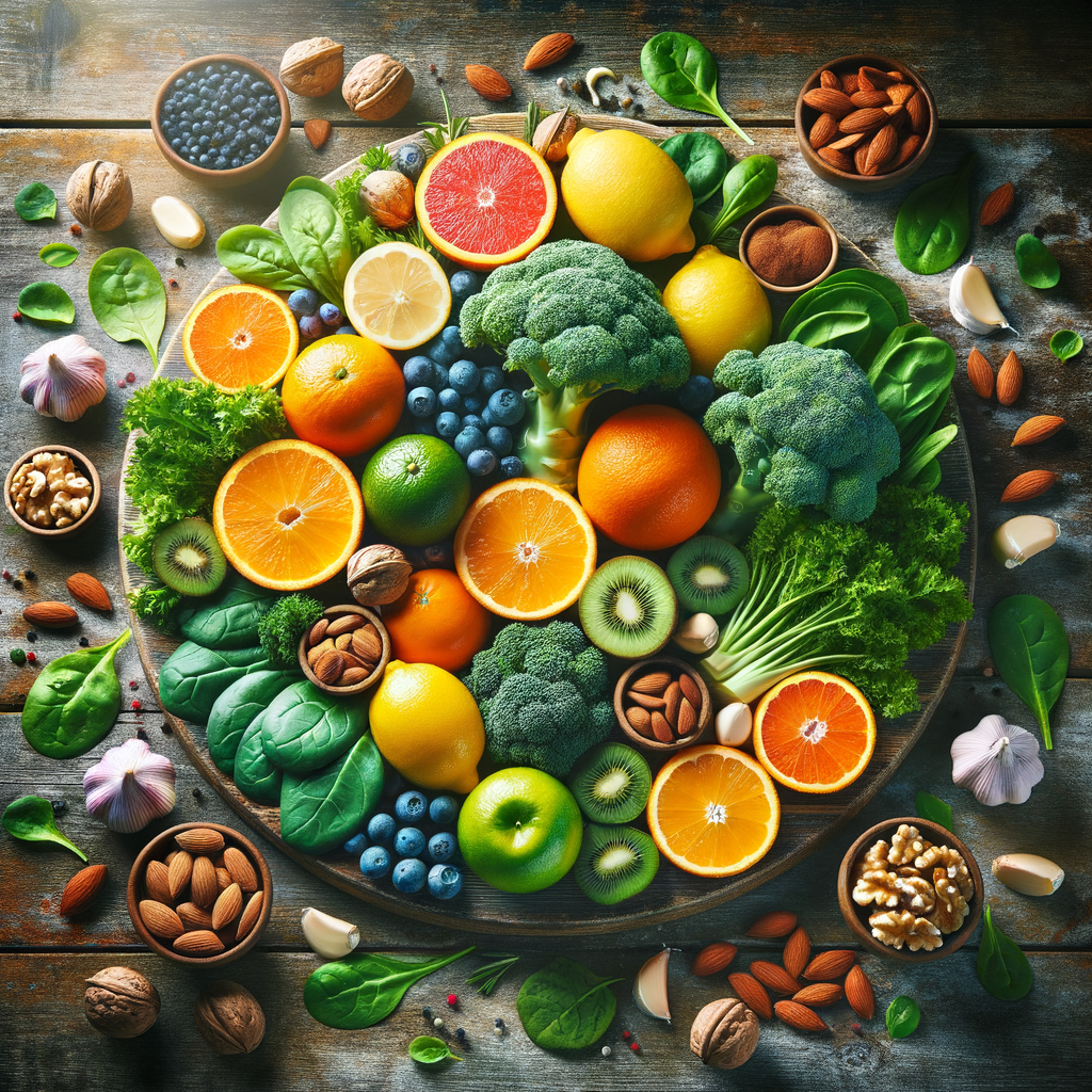 Colorful assortment of immune system foods including citrus fruits, leafy greens, and nuts, showcasing the best foods for immunity and natural immune boosters for a healthy immune system diet.