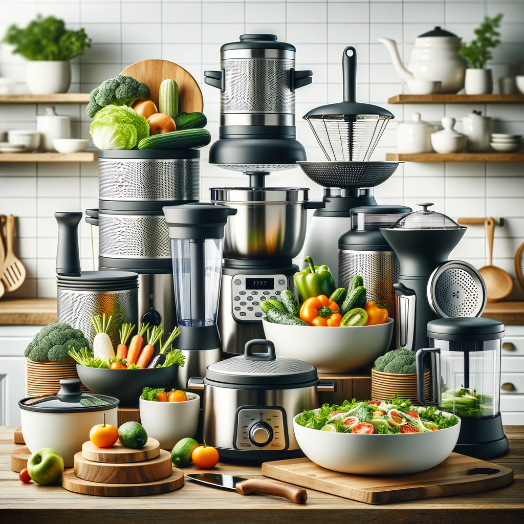 Top-rated kitchen appliances and essential healthy cooking utensils including a vegetable steamer, salad spinner, food processor, and non-stick cookware, perfect for preparing healthy meals at home.