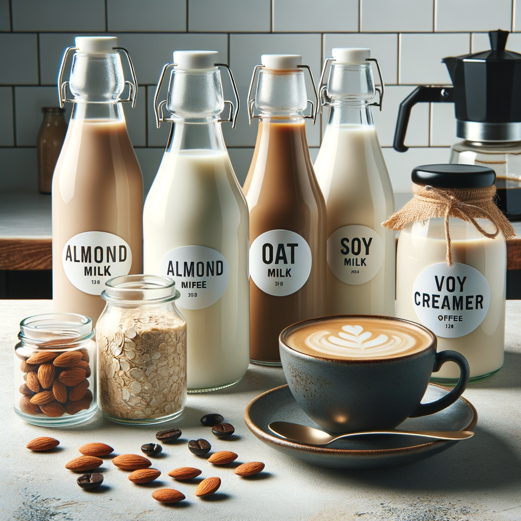 Assortment of the best non-dairy milk alternatives for coffee including almond, oat, soy milk, and vegan coffee creamers in a modern kitchen setting, perfect for lactose-free coffee recipes and healthy coffee substitutes.