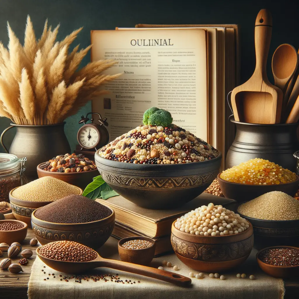 Ancient grains including quinoa, farro, and amaranth in rustic bowls showcasing healthy grains nutrition, quinoa recipes, farro cooking tips, and amaranth benefits for cooking with ancient grains.