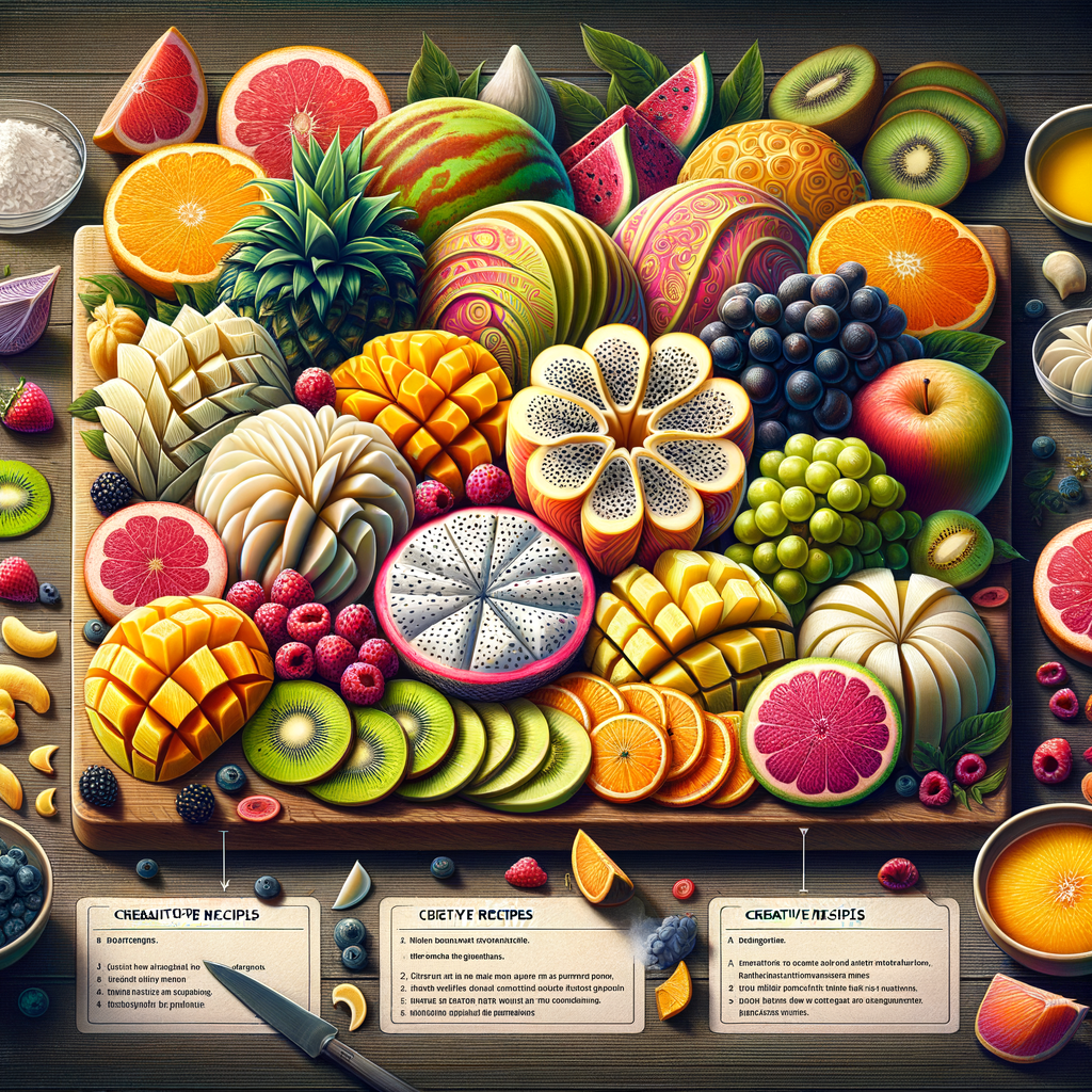 Step-by-step exotic fruits guide on a cutting board, showcasing how to cut and prepare them, including exotic fruit recipes, tropical fruits preparation tips, and health benefits for an article on cooking with exotic fruits.