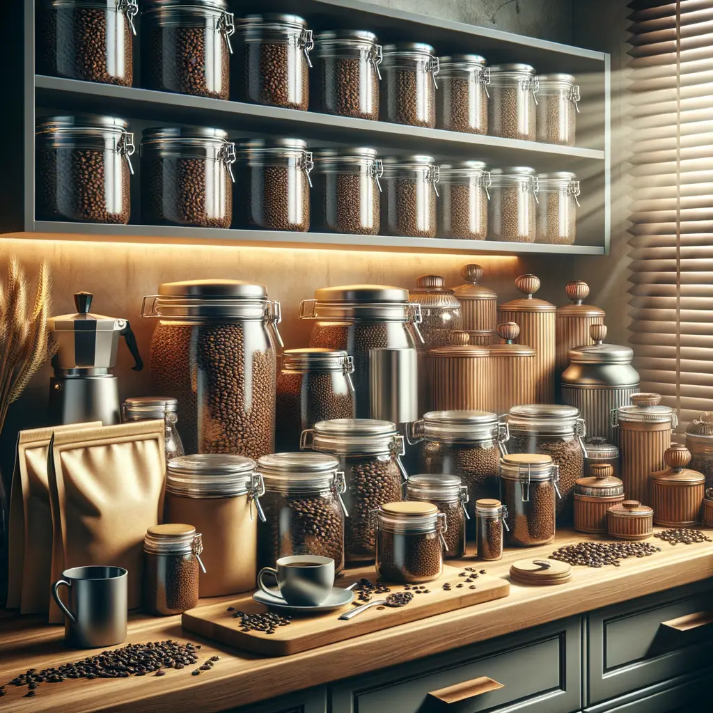 Various home coffee storage solutions including airtight containers, dark cupboards, and vacuum-sealed bags for storing coffee beans, demonstrating the best methods for coffee beans preservation and keeping them fresh.