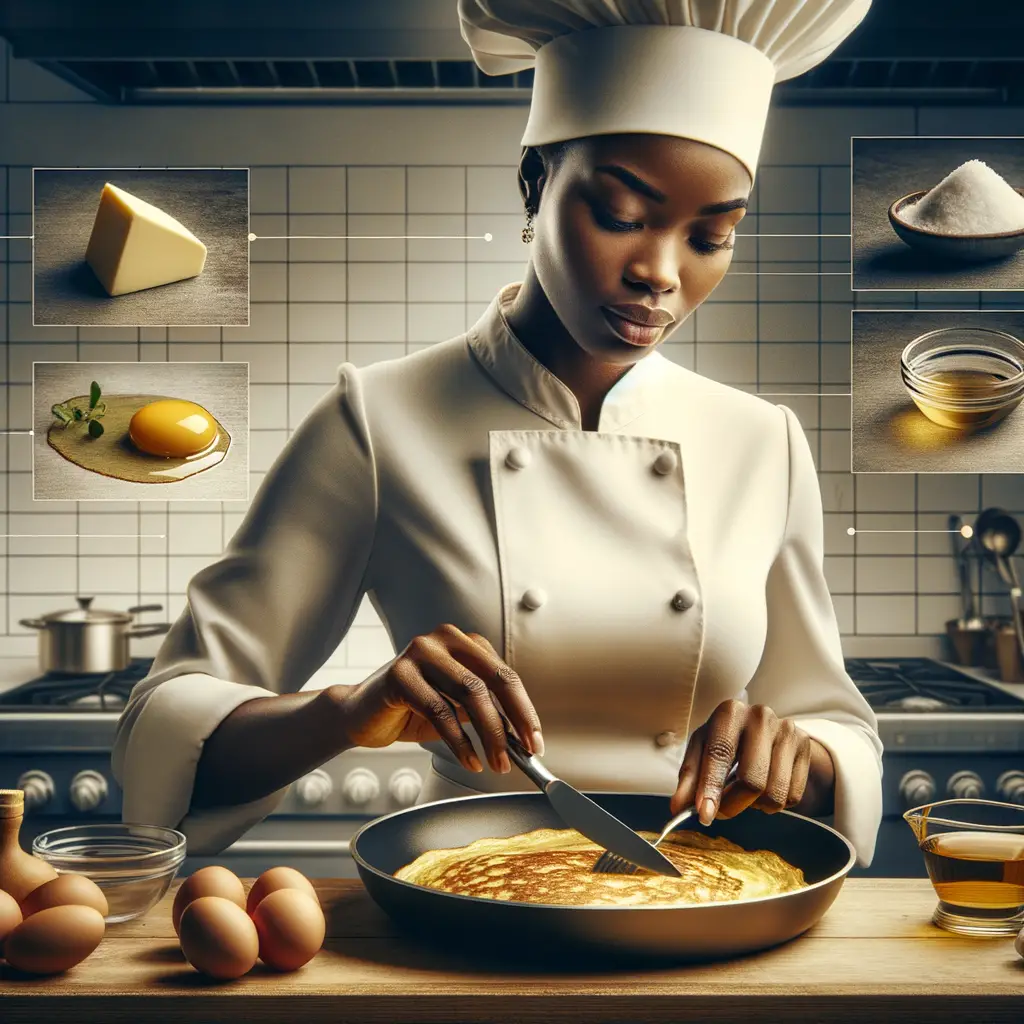 Professional chef mastering French cuisine by demonstrating omelette cooking techniques, using specific French Omelette ingredients for a perfect French Omelette recipe, offering valuable home cooking tips.