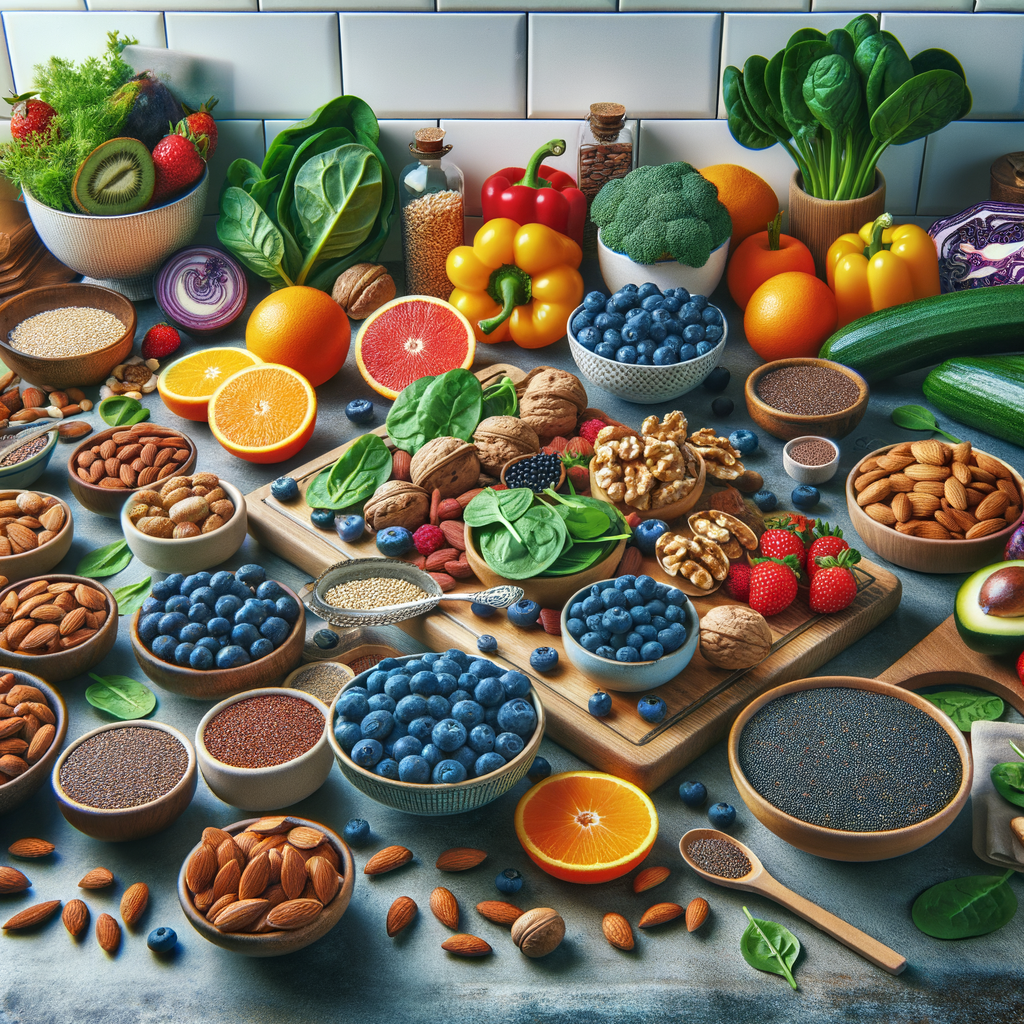 Comprehensive superfoods guide showcasing a vibrant assortment of nutritional superfoods for health, including fruits, vegetables, nuts, and seeds on a kitchen countertop, essential for a healthy eating lifestyle and daily diet.