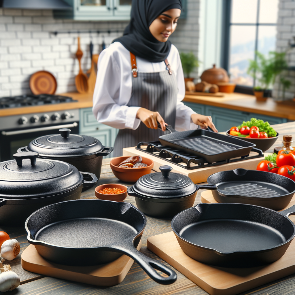Home cook demonstrating healthy cooking techniques with non-stick cast iron cookware, including a skillet, griddle, and dutch oven, highlighting the benefits of cooking with cast iron, its durability, and heat retention capabilities.