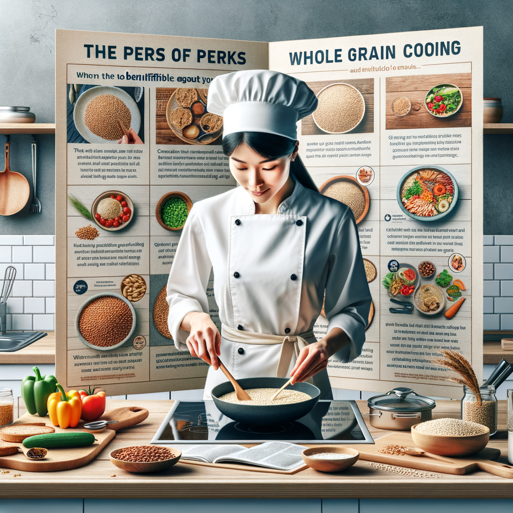 Professional chef preparing whole grain recipes in a well-organized kitchen, showcasing the benefits of whole grains, healthy cooking tips, whole grain meal prep, and cooking techniques for incorporating whole grains into meals.