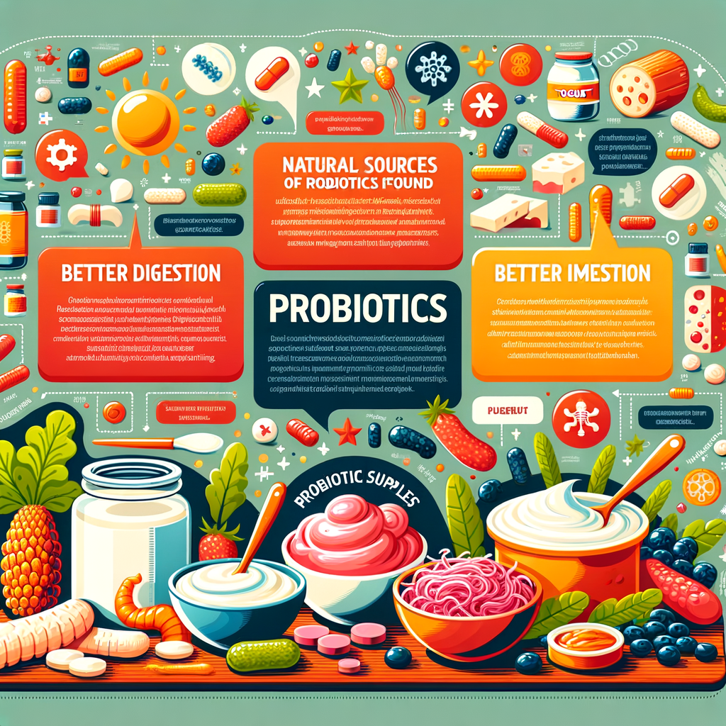 Infographic illustrating the health benefits of probiotics, natural sources of probiotics in food like yogurt and kimchi, and the role of probiotic supplements for gut health, digestion, and immune system.