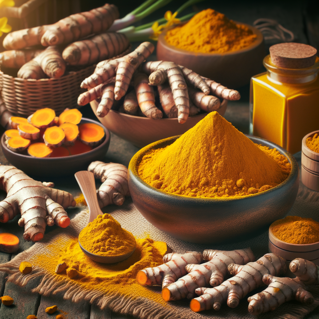 Turmeric health benefits illustrated with turmeric powder in a rustic bowl, fresh turmeric roots, turmeric-infused food, and homemade turmeric remedy showcasing turmeric uses, nutritional benefits, and healing properties for wellness.