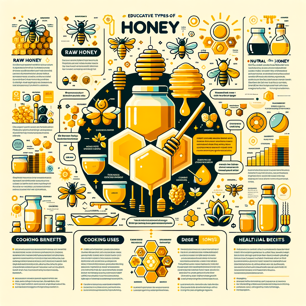 Infographic illustrating honey varieties including natural and raw honey, their uses in cooking and health benefits, with a focus on honey recipes and the honey production process.