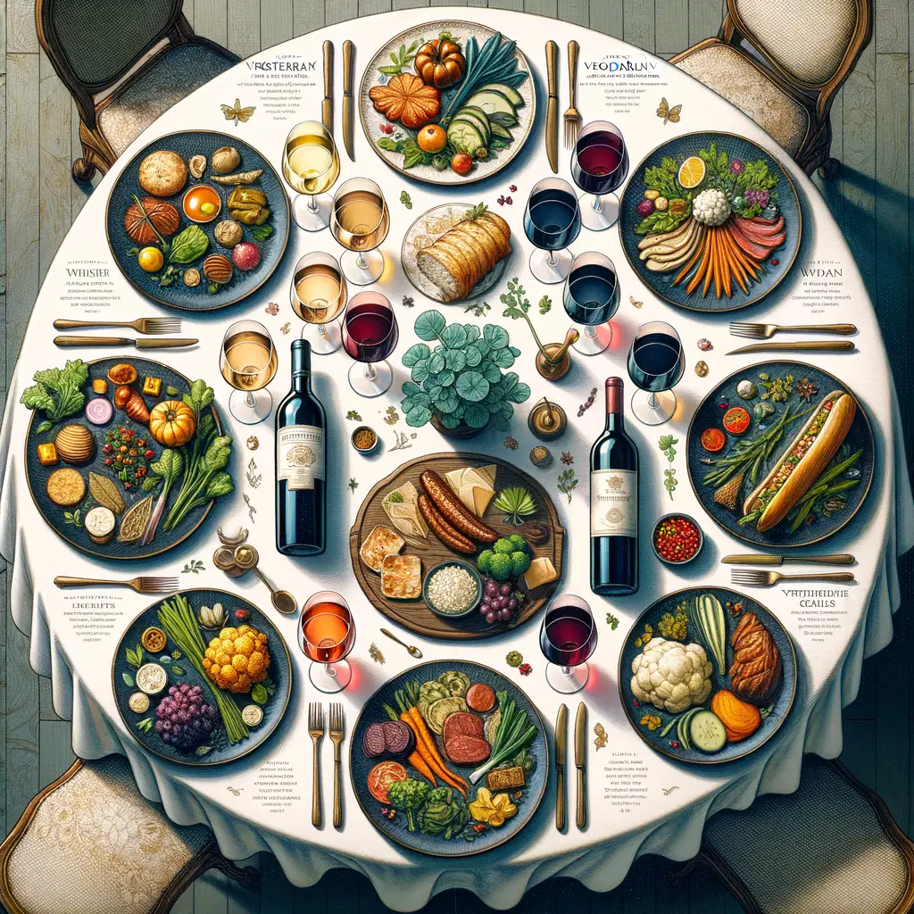 Expertly paired vegetarian dishes and wines on a professionally set dining table, illustrating the comprehensive guide to vegetarian wine pairing