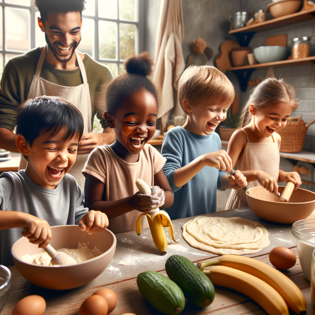 Diverse group of children enjoying safe kitchen practices while preparing fun and easy kids cooking recipes under adult supervision, highlighting the joy and safety of home cooking with kids.