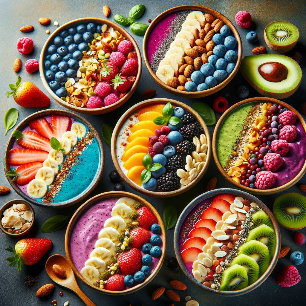 Colorful array of homemade smoothie bowls showcasing nutritious ingredients and delicious smoothie bowl ideas, including fruit and vegan options, perfect for a healthy breakfast - DIY smoothie bowl nutrition.